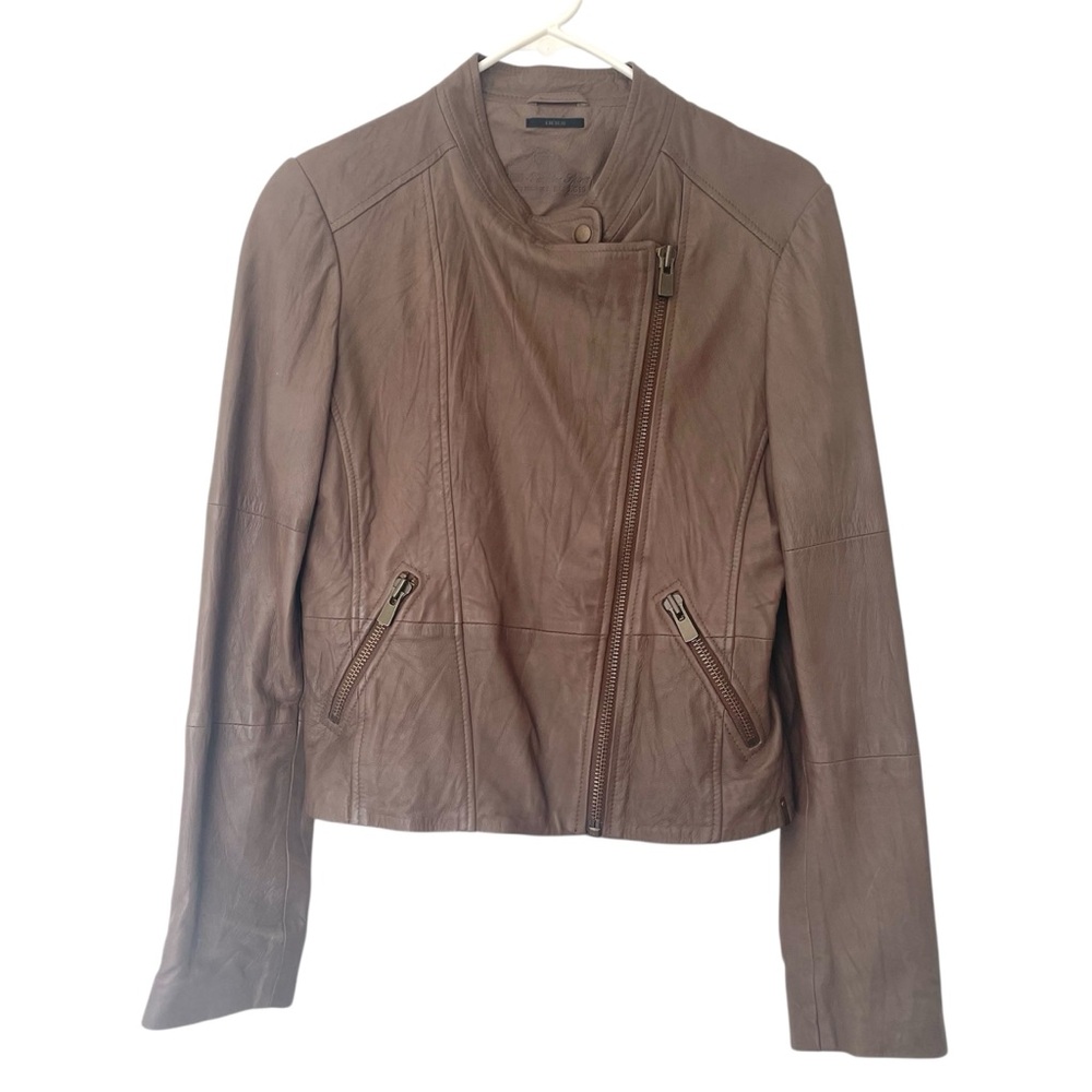 IKKS Brown Leather Moto Jacket with Cropped Fit and Zippered Closure